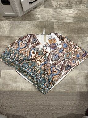 Chico's Paisley V-Neck Poncho Top - White, Teal, Brown, Gold